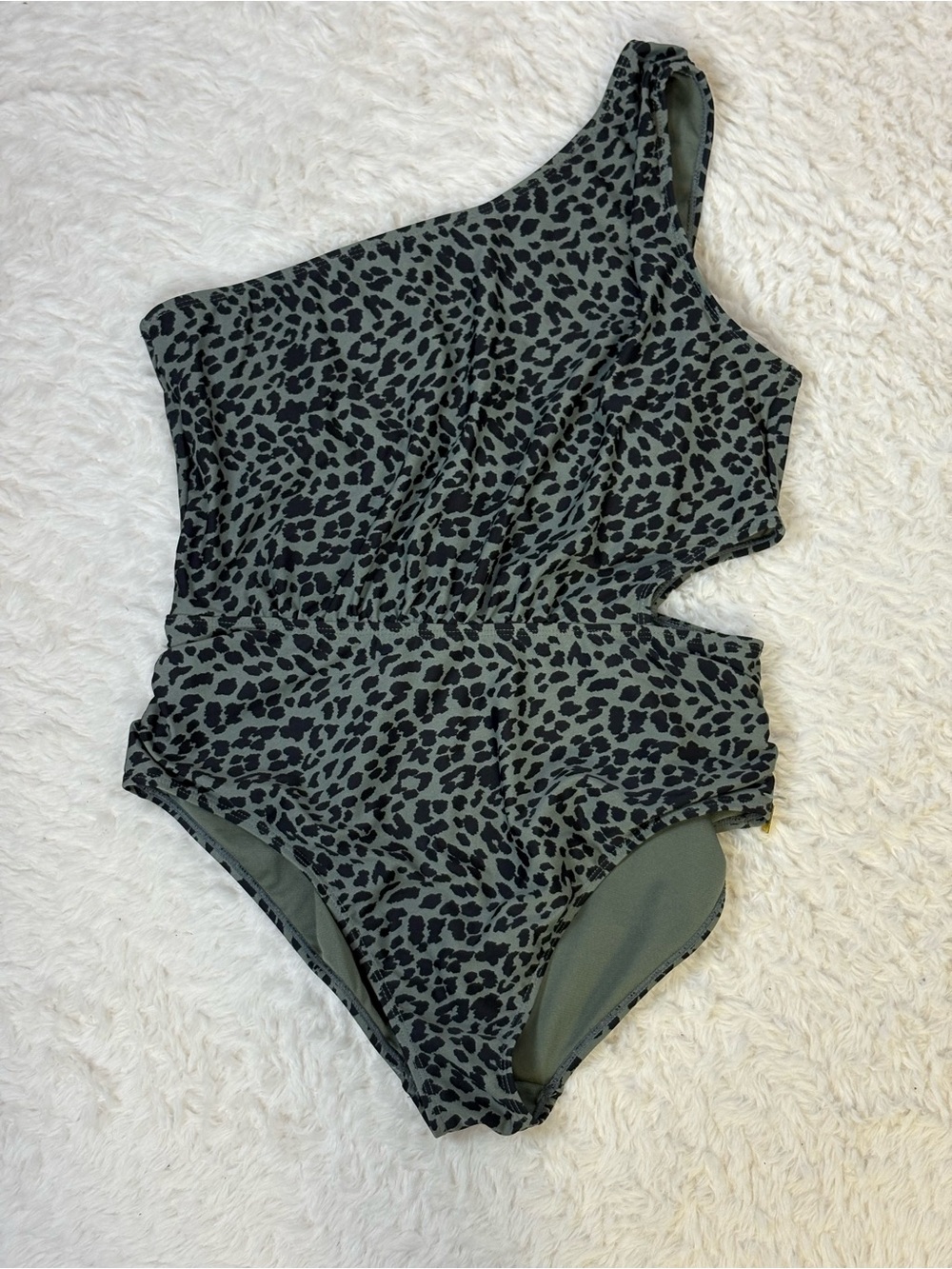 Jones New York One-Shoulder Olive Green and Black Leopard One-Piece Swimsuit